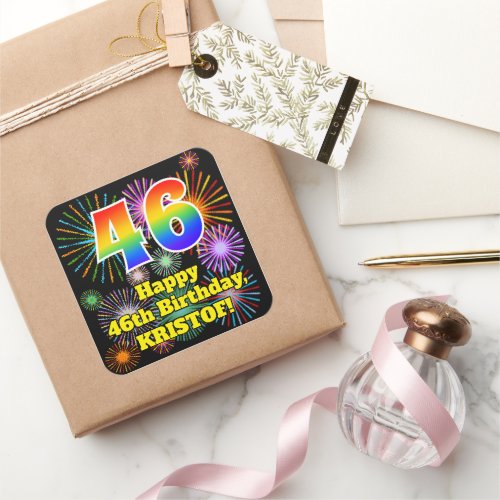 46th Birthday Fun Fireworks Look Rainbow  46 Square Sticker