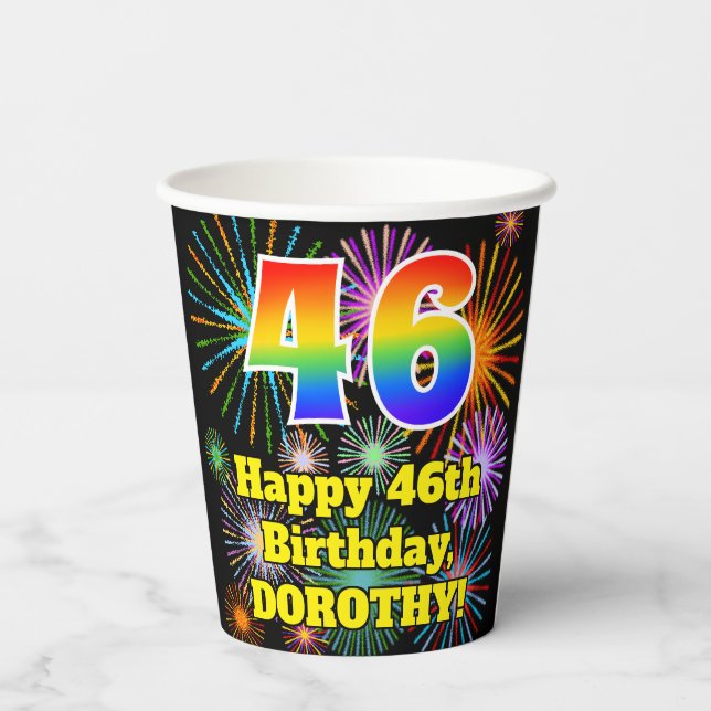 46th Birthday: Fun Fireworks Pattern + Rainbow 46 Paper Cups (Back)