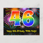 [ Thumbnail: 46th Birthday – Fun Fireworks Pattern + Rainbow 46 Postcard ]