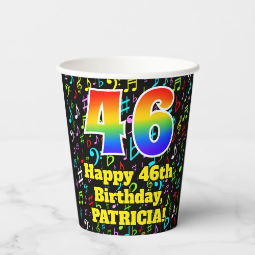 46th Birthday Fun Music Notes Pattern Rainbow 46 Paper Cups