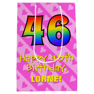 46th Birthday: Fun Pink Hearts Stripes; Rainbow 46 Medium Gift Bag