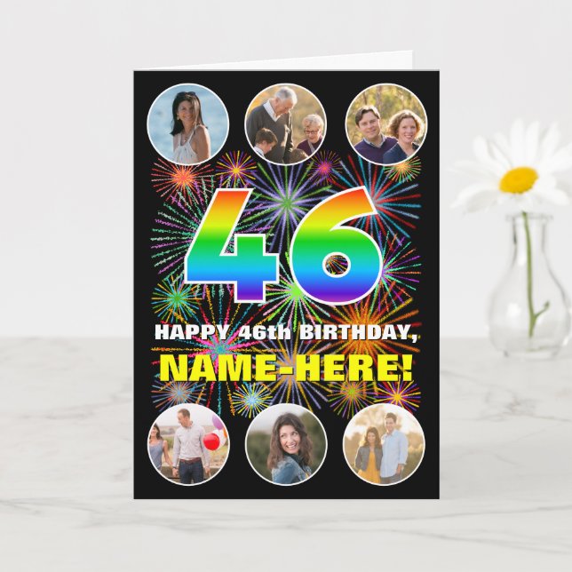 46th Birthday: Fun Rainbow #, Custom Name & Photos Card (Small Plant)