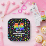 [ Thumbnail: 46th Birthday: Fun Stars Pattern and Rainbow “46” Paper Plates ]