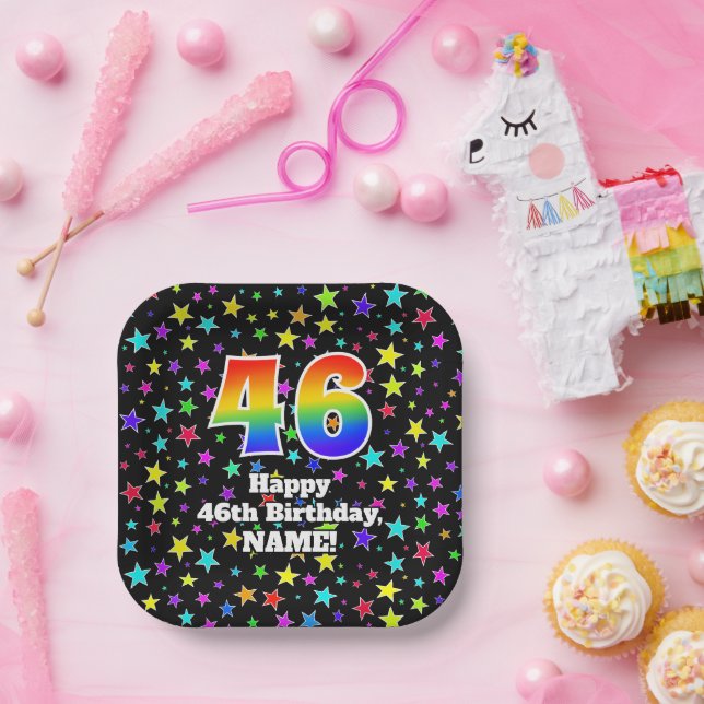 46th Birthday: Fun Stars Pattern and Rainbow “46” Paper Plates (Party)