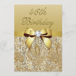 46th Birthday Gold Faux Sequins and Bow Invitation