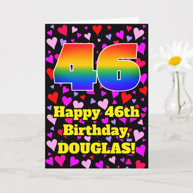 46th Birthday: Loving Hearts Pattern, Rainbow # 46 Card (Small Plant)
