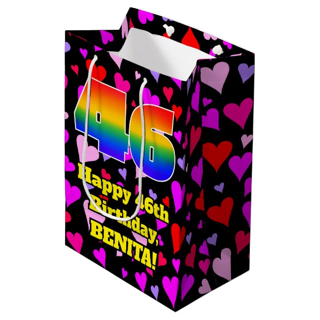 46th Birthday: Loving Hearts Pattern, Rainbow # 46 Medium Gift Bag (Front Angled)