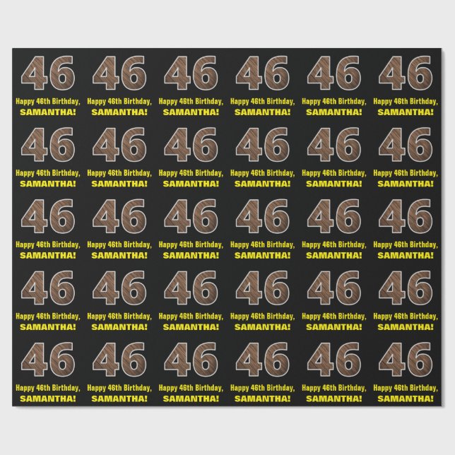 46th Birthday: Name & Faux Wood Grain Pattern "46" Wrapping Paper (Flat)