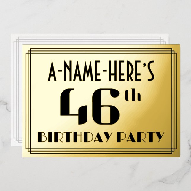 46th Birthday Party: Art Deco Look “46” and Name Foil Invitation (Front/Back)
