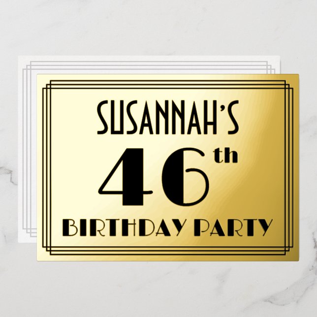 46th Birthday Party — Art Deco Look “46” + Name Foil Invitation (Front/Back)