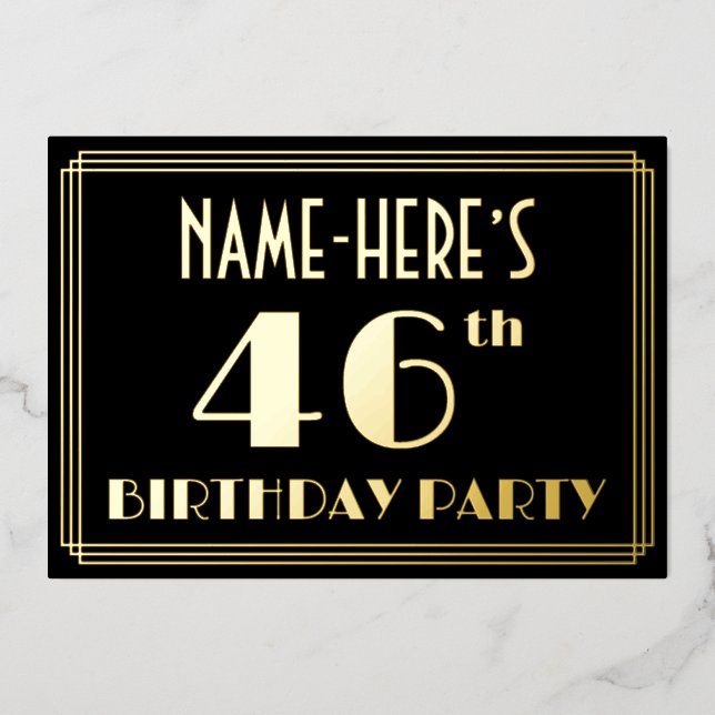 46th Birthday Party: Art Deco Look “46”, w/ Name Foil Invitation (Front)