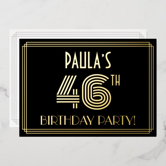 46th Birthday Party — Art Deco Style “46” + Name Foil Invitation (Front/Back)