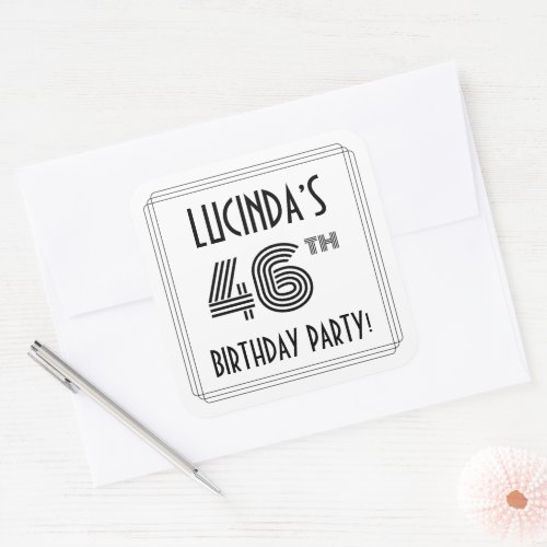 46th Birthday Party Art Deco Style  Custom Name Square Sticker