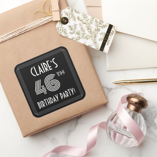 46th Birthday Party: Art Deco Style & Custom Name Square Sticker (Gifting)