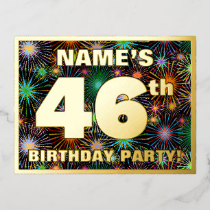 46th Birthday Party: Bold, Colorful Fireworks Look Foil Invitation Postcard