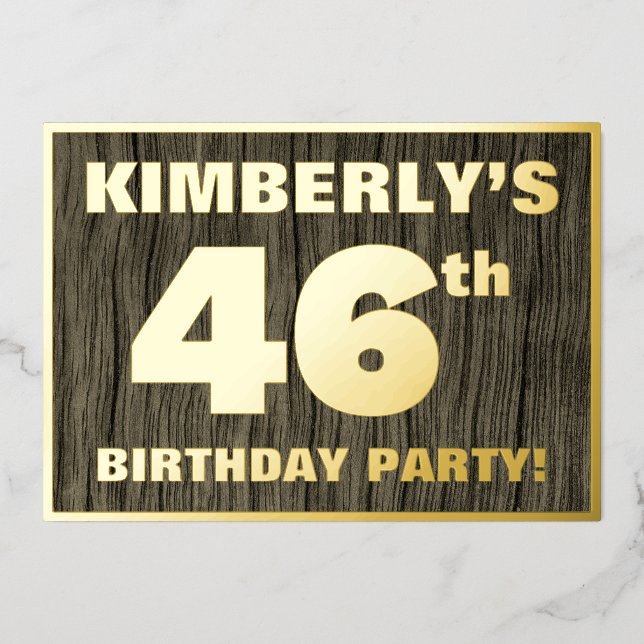 46th Birthday Party: Bold, Faux Wood Grain Pattern Foil Invitation (Front)