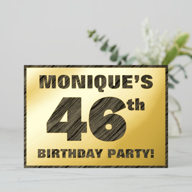 46th Birthday Party — Bold, Faux Wood Grain Text Foil Invitation (Standing Front)
