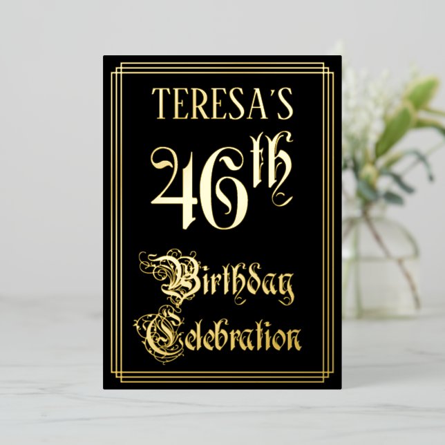 46th Birthday Party — Fancy Script & Custom Name Foil Invitation (Standing Front)