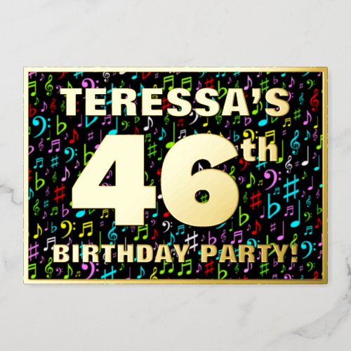 46th Birthday Party â Fun Colorful Music Symbols Foil Invitation