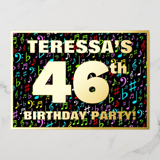 46th Birthday Party — Fun, Colorful Music Symbols Foil Invitation (Front)