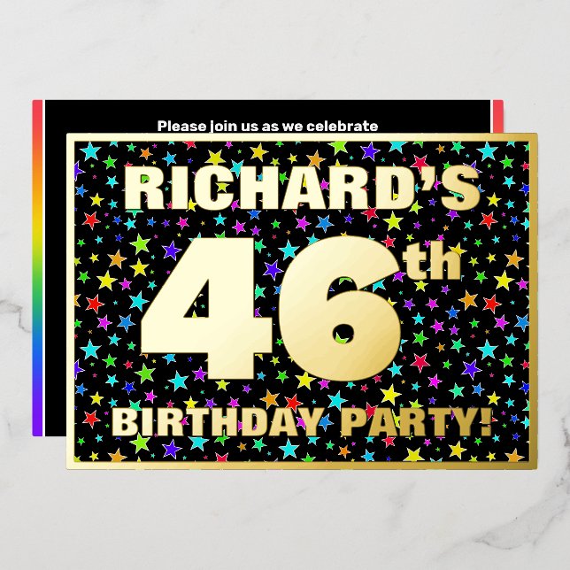46th Birthday Party — Fun, Colorful Stars Pattern Foil Invitation (Front/Back)