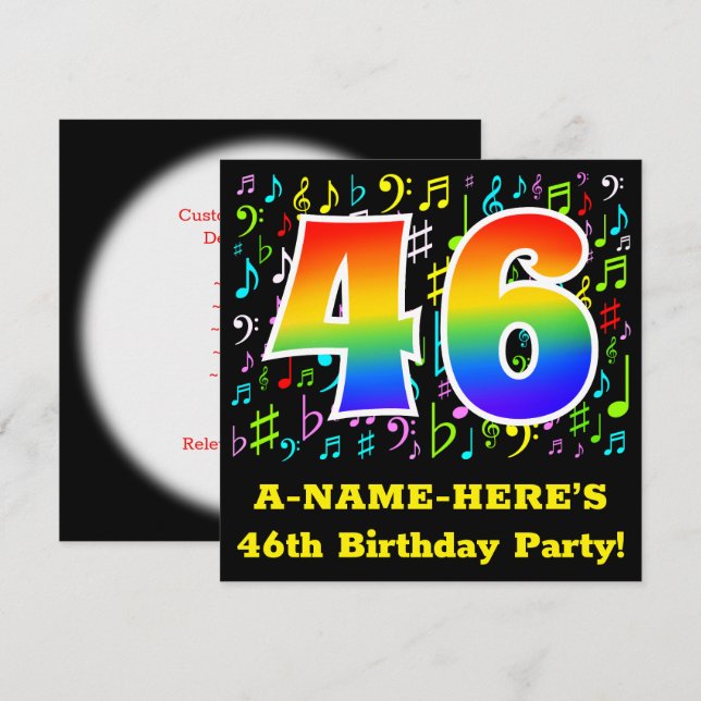 46th Birthday Party: Fun Music Symbols, Rainbow 46 Invitation (Front/Back)