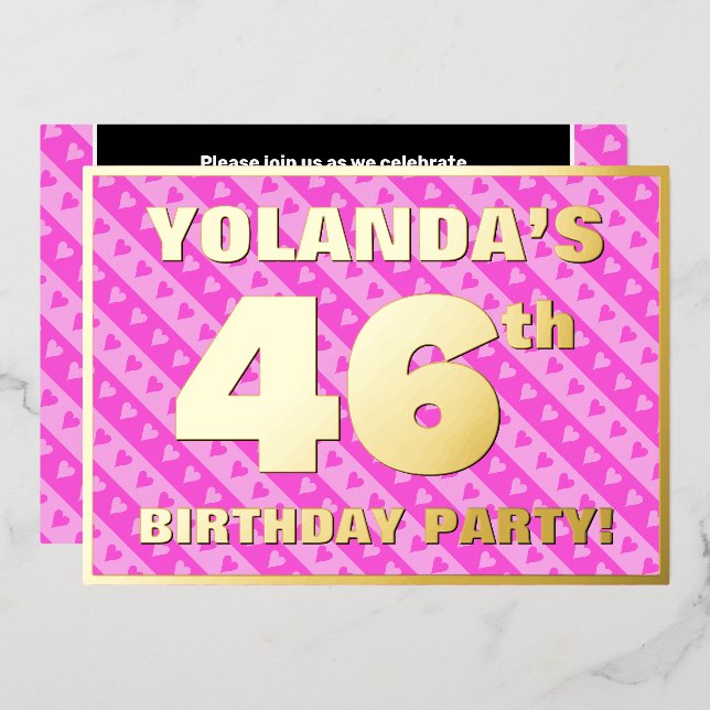 46th Birthday Party — Fun Pink Hearts and Stripes Foil Invitation (Front/Back)