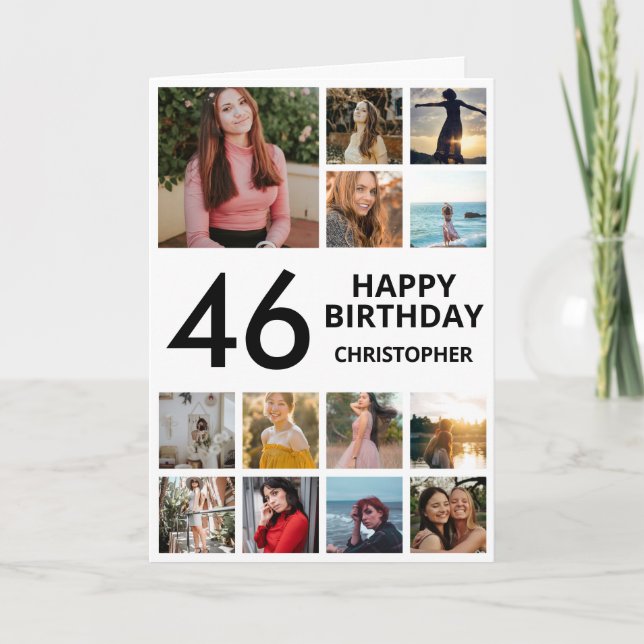 46th Birthday Photo Collage 13 Photos Black White Card (Front)