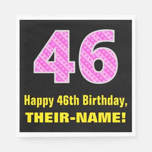 46th Birthday: Pink Stripes and Hearts "46" + Name Napkins (Front)