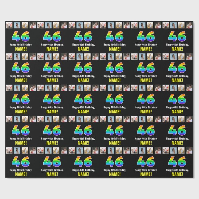 46th Birthday: Rainbow “46“; Custom Photos & Name Wrapping Paper (Flat)