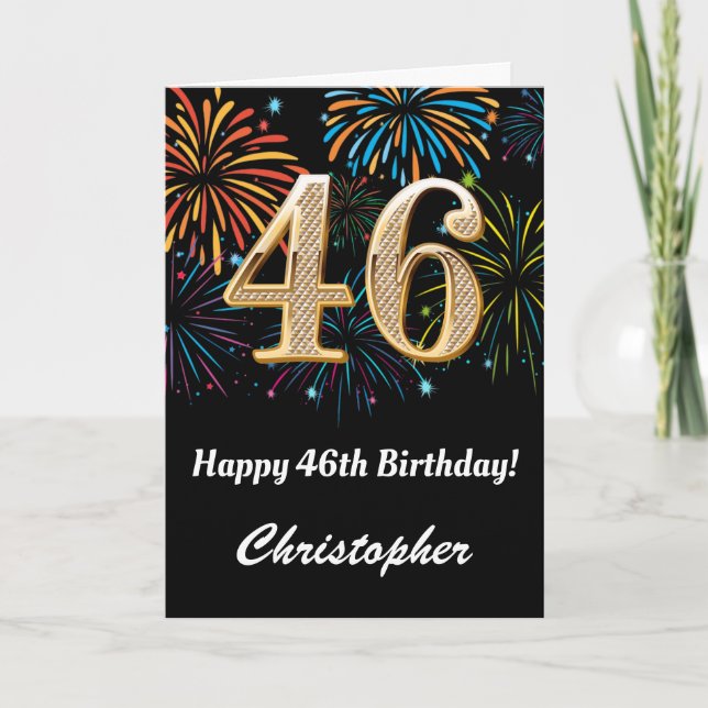 46th Birthday Rainbow Fireworks Black and Gold Card (Front)