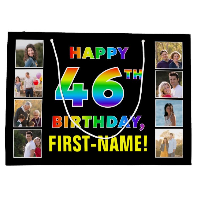 46th Birthday: Rainbow Text, Custom Photos & Name Large Gift Bag (Back)