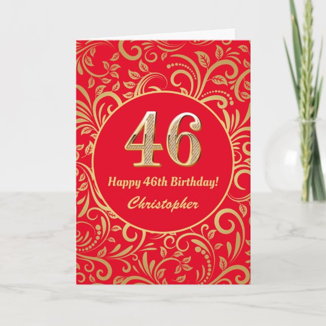 46th Birthday Red and Gold Floral Pattern Card (Front)