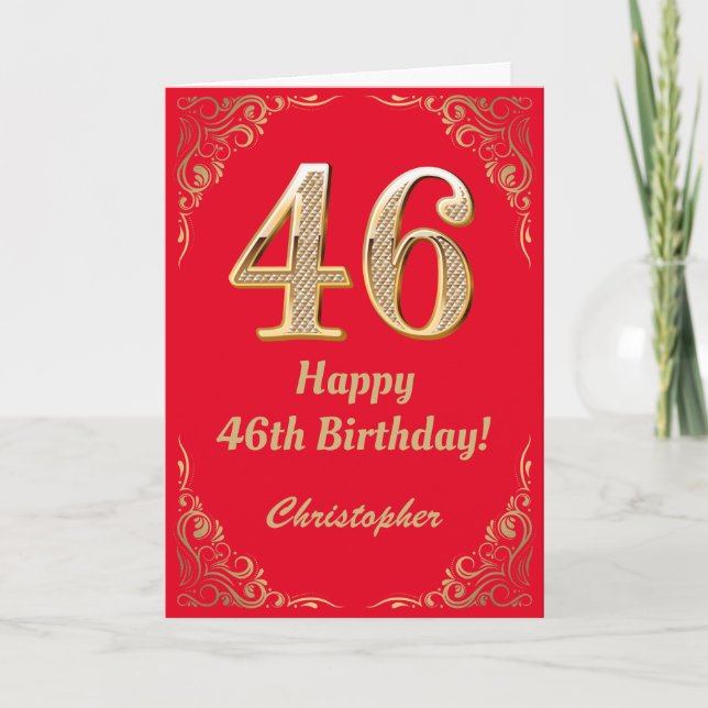 46th Birthday Red and Gold Glitter Frame Card (Front)