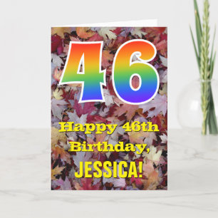 46th Birthday; Rustic Autumn Leaves; Rainbow "46" Card