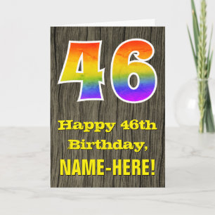 46th Birthday: Rustic Faux Wood Look, Rainbow "46" Card