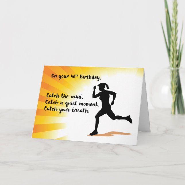 46th Birthday Woman Running Sunburst Background Card (Front)