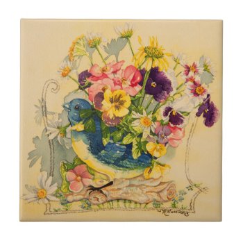 4779 Bluebird Vase With Pansies Tile by RuthGarrison at Zazzle