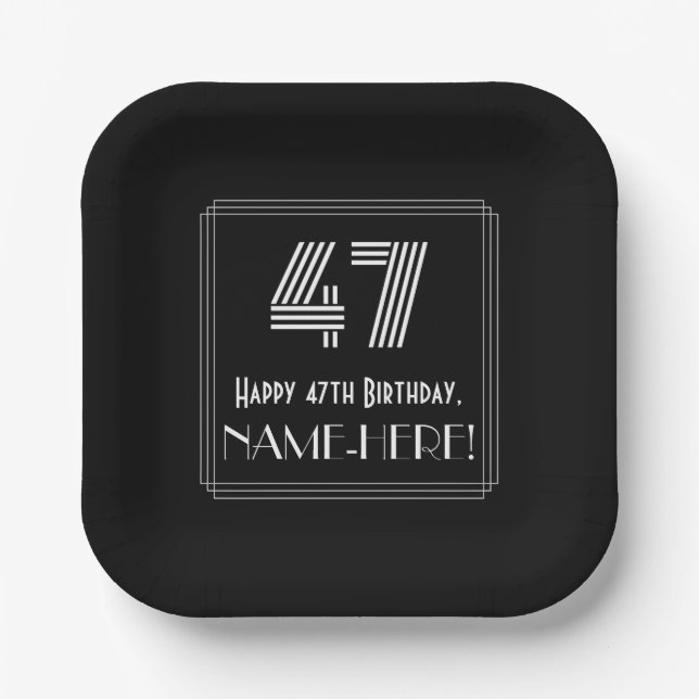 47th Birthday — Art Deco Inspired Look “47” + Name Paper Plates (Front)