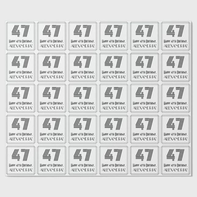 47th Birthday: Art Deco Inspired Style "47" + Name Wrapping Paper (Flat)