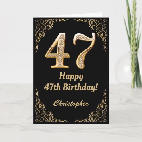 47th Birthday Black and Gold Glitter Frame