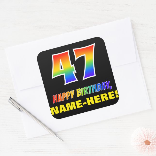 47th Birthday: Bold, Fun, Simple, Rainbow 47 Square Sticker (Envelope)
