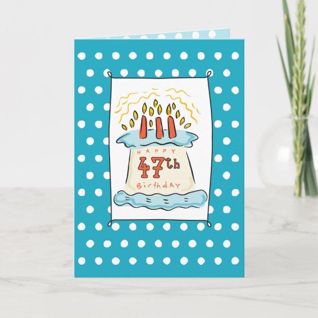 47th Birthday Cake on Blue Teal with Dots Card (Front)