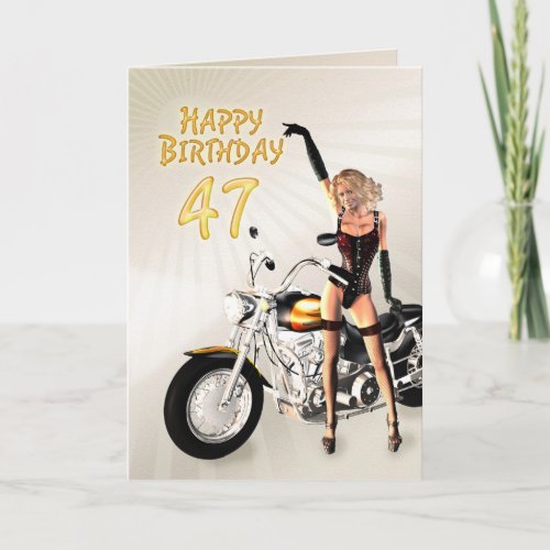 47th Birthday card with a motorbike girl