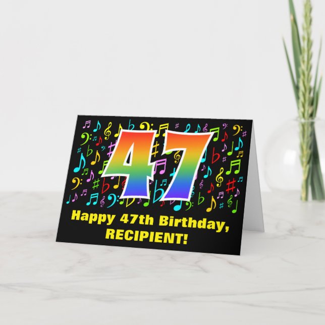47th Birthday: Colorful Music Symbols & Rainbow 47 Card (Front)