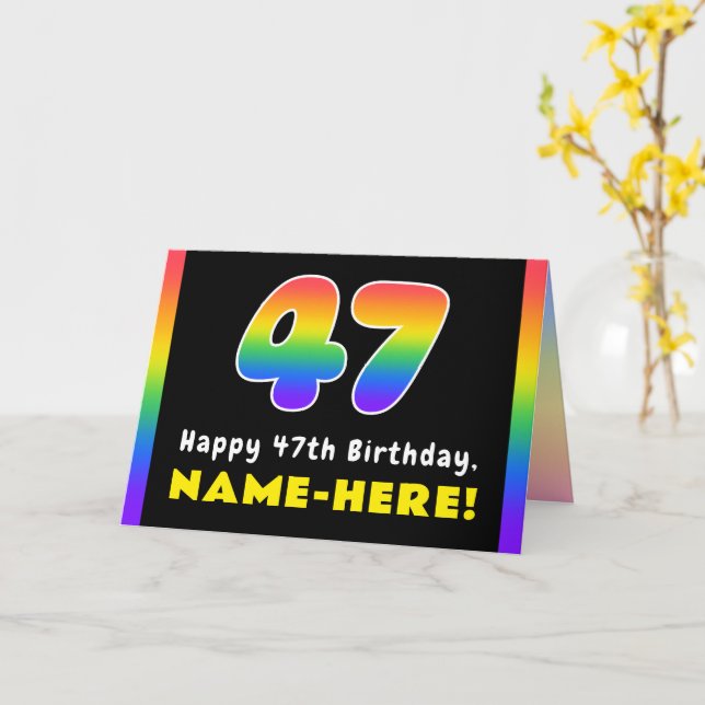 47th Birthday: Colorful Rainbow # 47, Custom Name Card (Yellow Flower)
