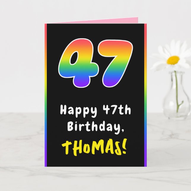 47th Birthday: Colorful Rainbow # 47, Custom Name Card (Small Plant)
