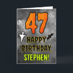 47th Birthday: Eerie Halloween Theme   Custom Name Card<br><div class="desc">The front of this spooky and scary Hallowe’en themed birthday greeting card design features a large number “47”, along with the message “HAPPY BIRTHDAY, ”, and a customizable name. There are also depictions of a bat and a ghost on the front. The inside features a custom birthday greeting message, or...</div>