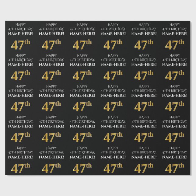 47th Birthday: Elegant, Black, Faux Gold Look Wrapping Paper (Flat)