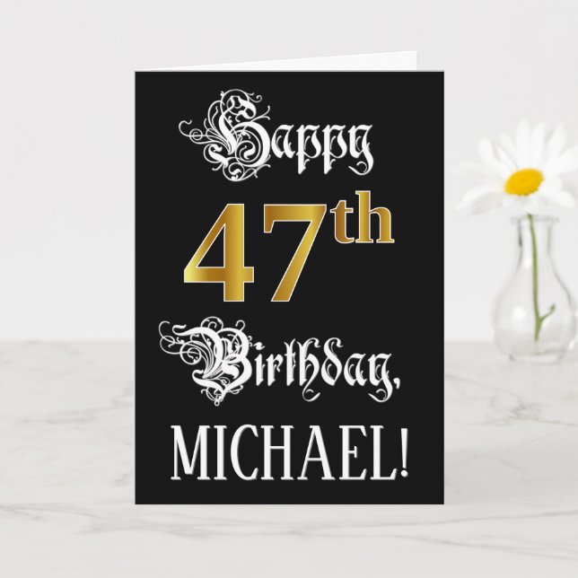 47th Birthday — Fancy Script; Faux Gold Look; Name Card (Small Plant)